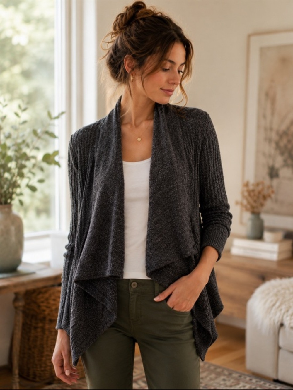 Charcoal Gray Draped Open Front Knit Cardigan Waterfall Hem Women’s